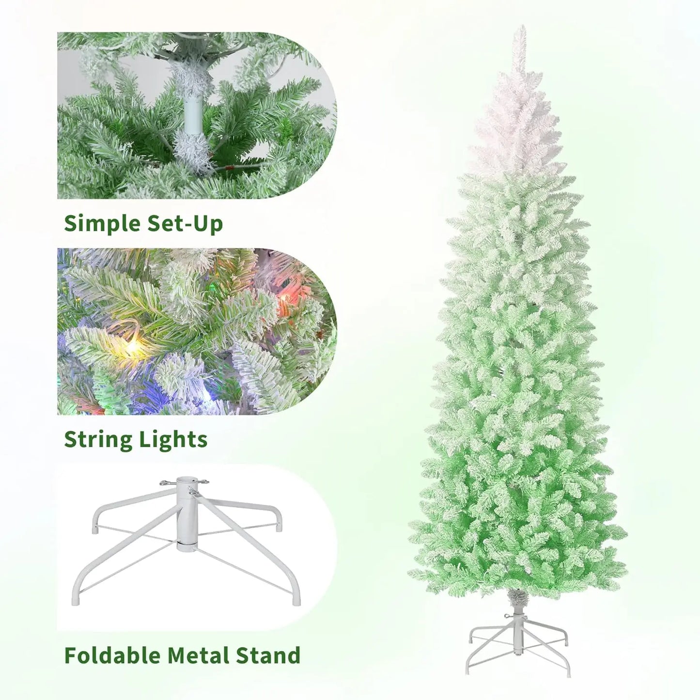 6FT/7.5FT Pencil Christmas Tree Prelit Snow Flocked Holiday Decoration Artificial Xmas Tree With Dual Color LED Lights