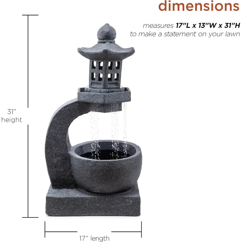 DIG370 31"Outdoor Zen Pagoda Water Fountain with LED Lights&Illuminated Stone Bowl–Tranquil Garden Water Feature for Relaxation
