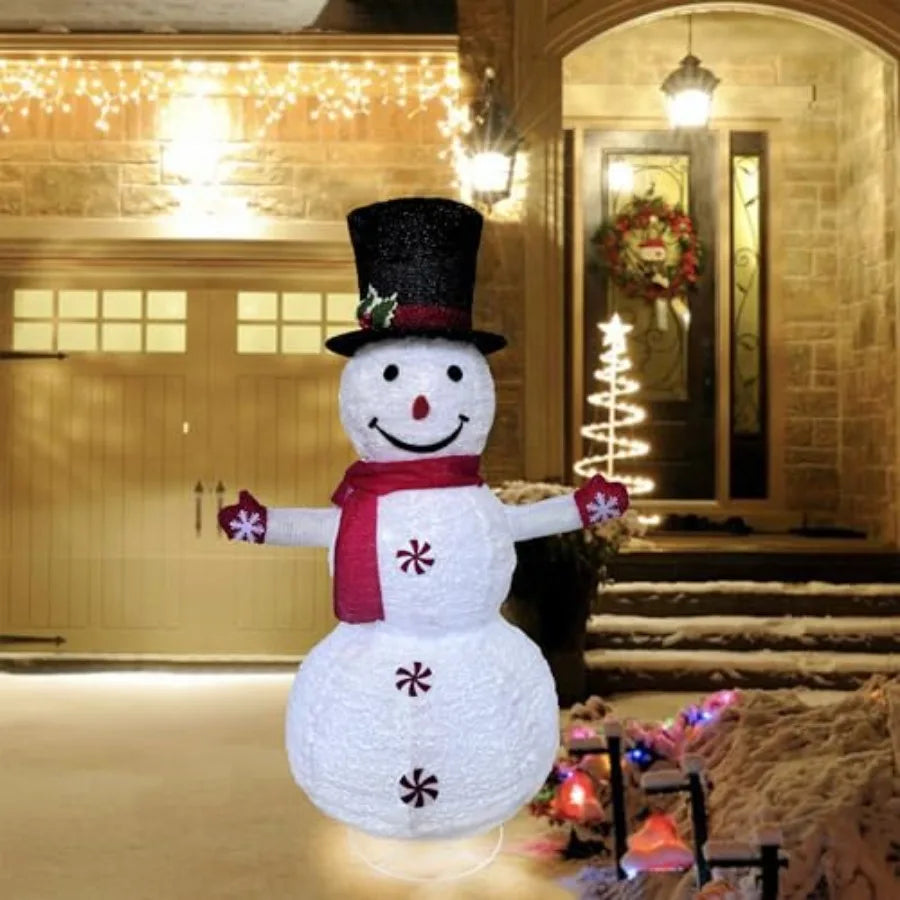 4 Feet Red Theme Snow Flannel Material Light Up Snowman Christmas Decoration for Indoor and Outdoor Patio Holiday Party Decorat