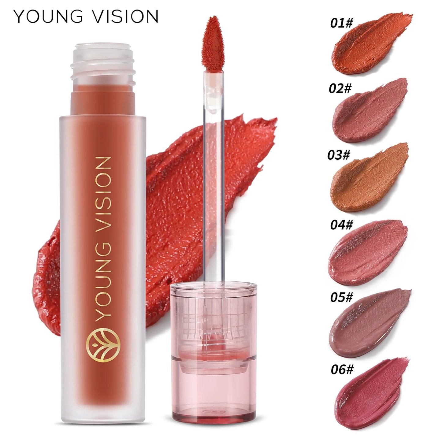 YOUNG VISION's 6-color Matte Velvet Lip Paste is a non-sticky, long-lasting liquid lipstick that is comfortable to wear.