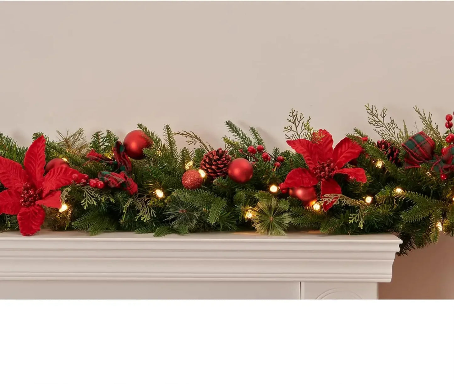 9Ft Red Poinsettias Pre-lit Christmas Garland 70 Lights Plug in,Holiday Decoration Fireplace Stairs Mantle Door Indoor Outdoor