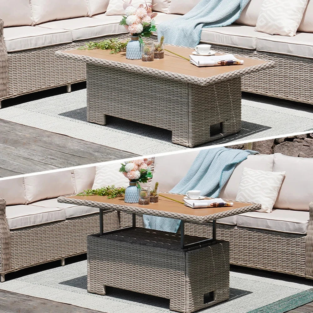 Outdoor Coffee Dining Table , Adjustable Slat Lift Top, Wicker Furniture Multi-Function Dining Table