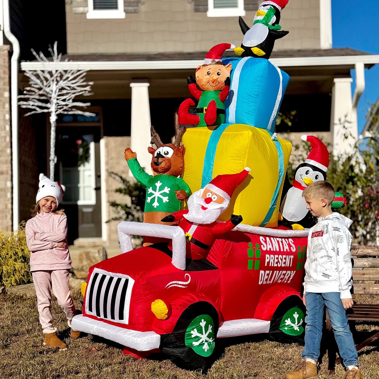 9ft Inflatable Santa Claus Drives a Gift Car Outdoor Christmas Decor with Led