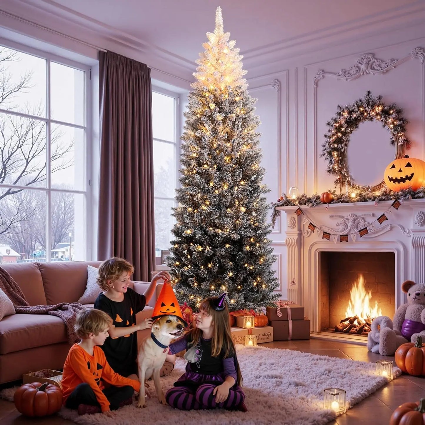 6Ft 7.5FT Prelit Christmas Tree with Lights Slim Artificial Halloween Tree Fake Pencil Tree Automatic Branches For Holiday Decor