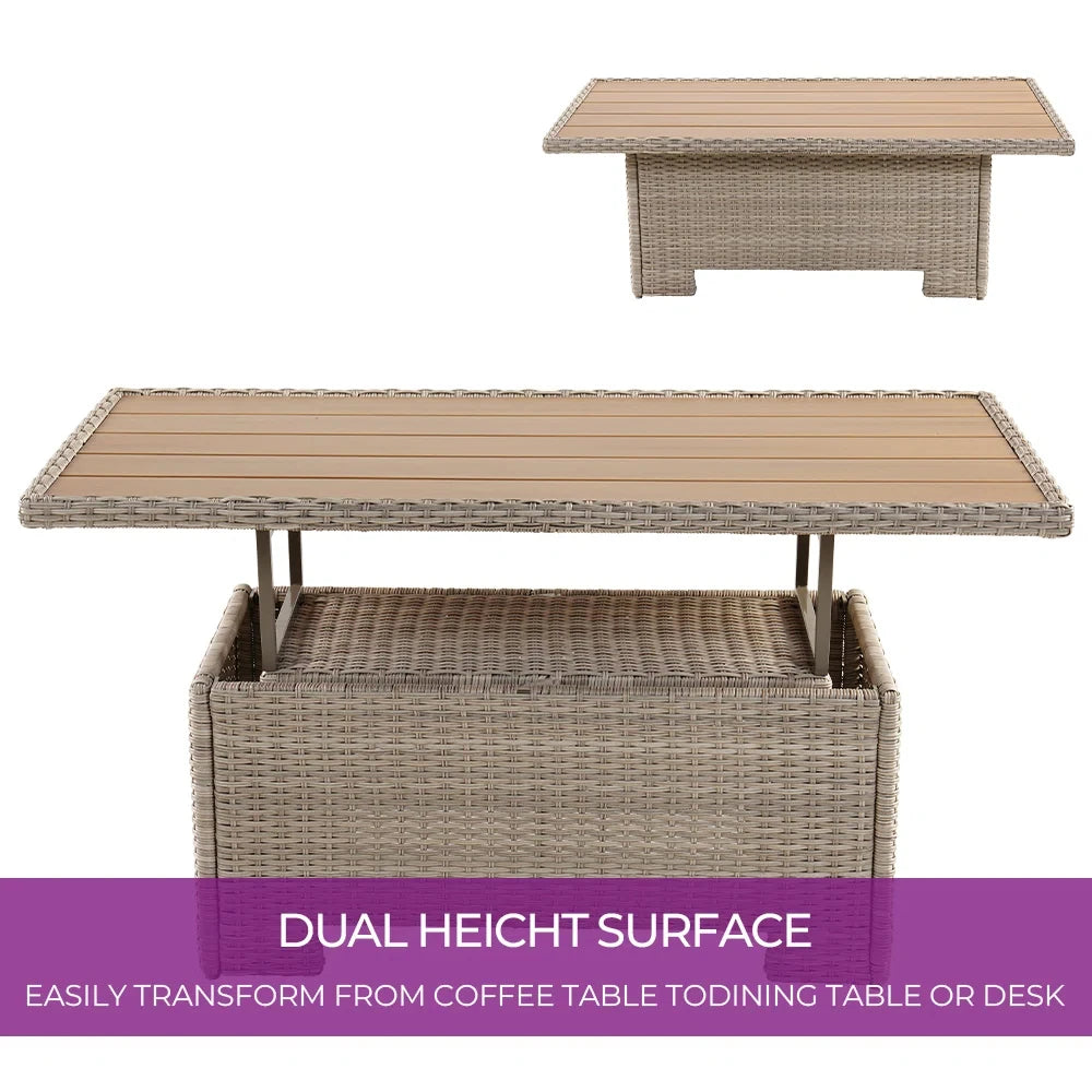 Outdoor Coffee Dining Table , Adjustable Slat Lift Top, Wicker Furniture Multi-Function Dining Table