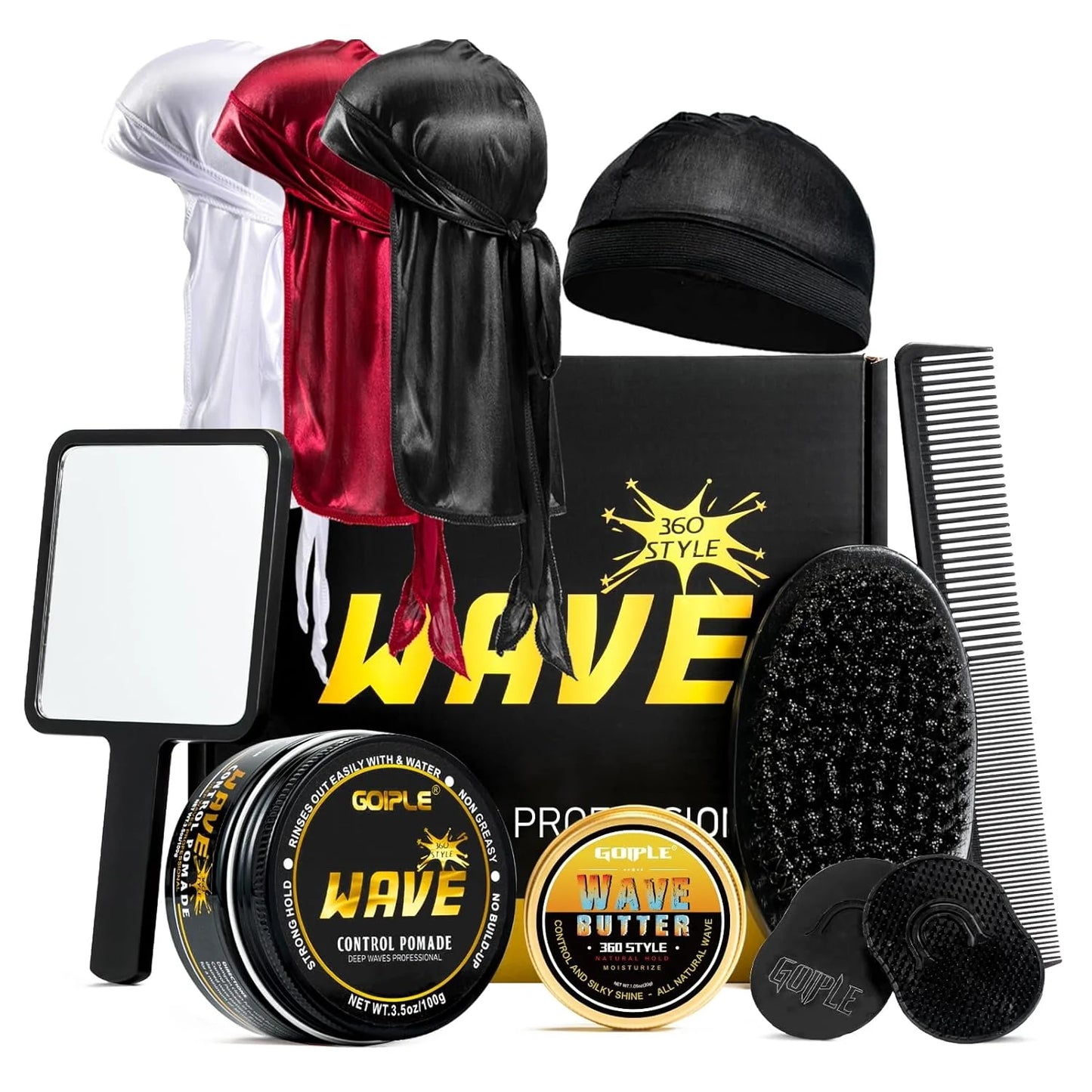 360 Style Wave Control Pomade Strong Hold Deep Waves Layered Gel with Brush Kit Wavy Grease Styling Wax for African Black Men