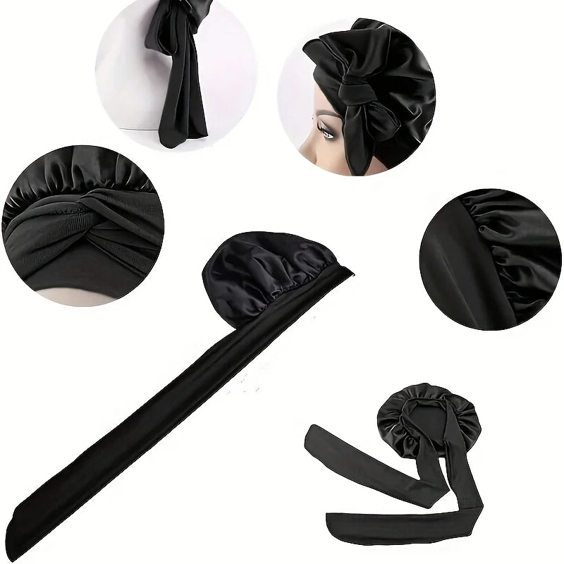 2PCS Satin Bonnets With Tie Band (Pink+Black), Sleeping Cap For Women, Soft Hair Care Night Sleep Hats, Multi-Use Hair Bonnets F