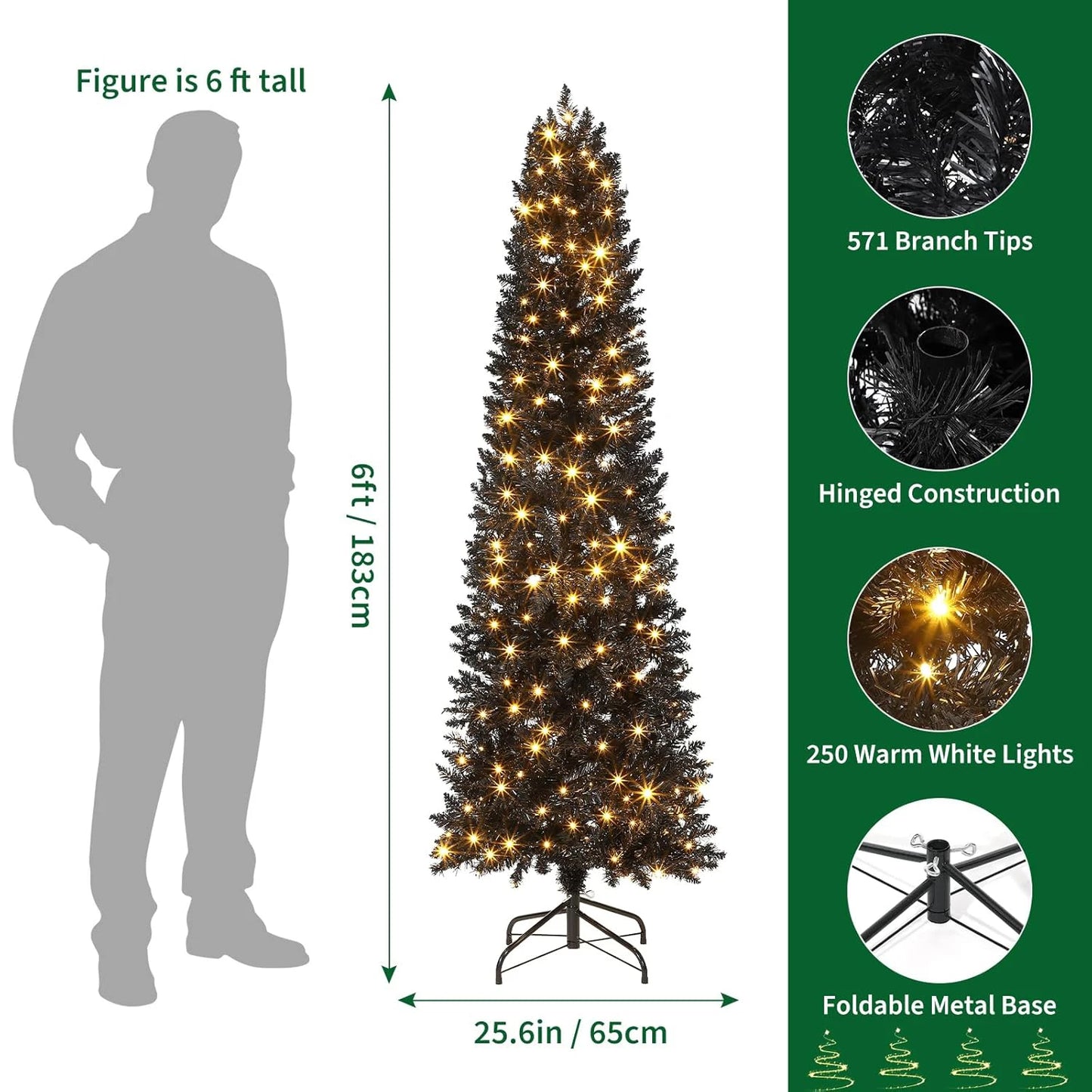 6 Ft Pre-Lit Black Halloween Christmas Tree Slim Artificial Pencil Christmas Tree With 250 Colorful LED Lights 8 Lighting Modes