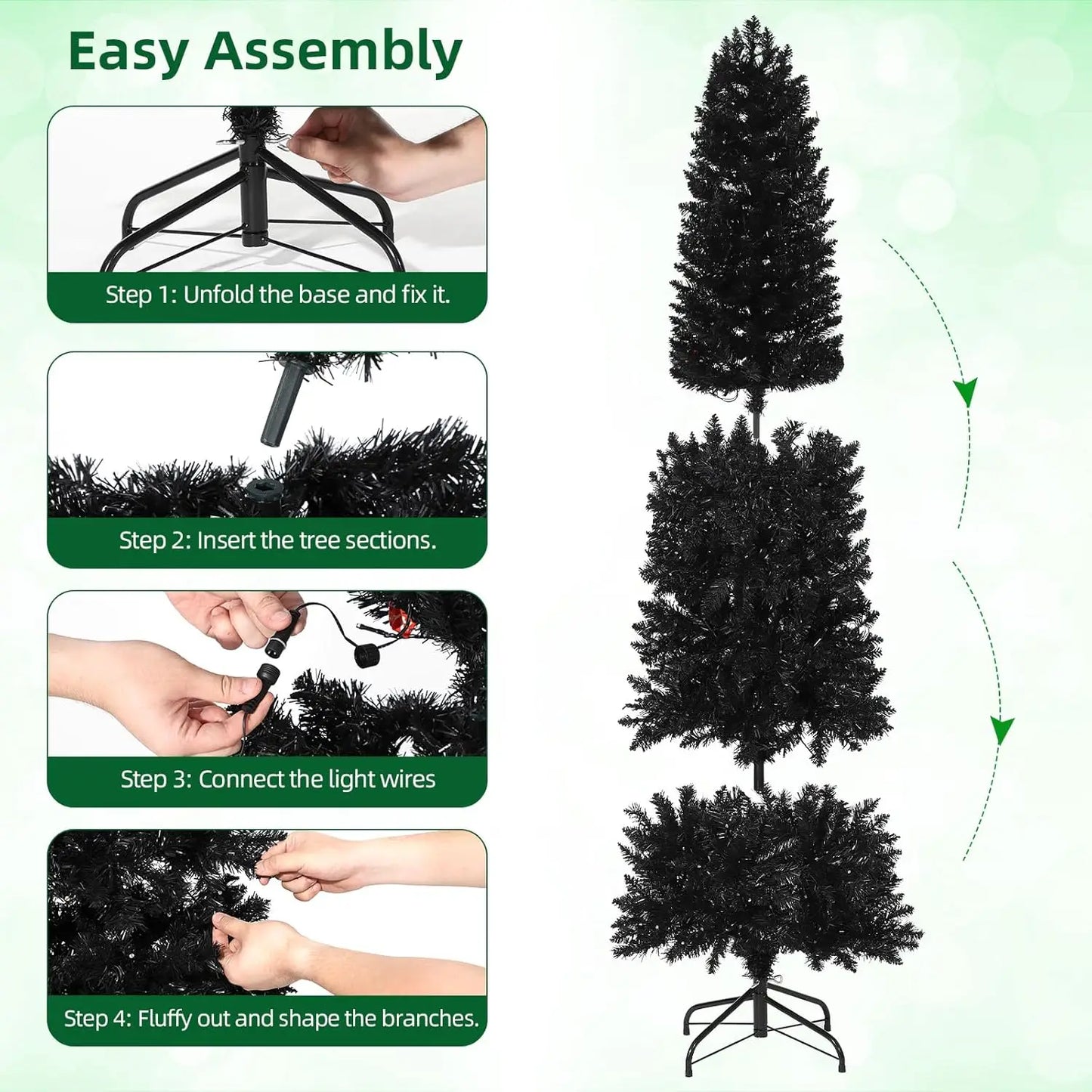 6 Ft Pre-Lit Black Halloween Christmas Tree Slim Artificial Pencil Christmas Tree With 250 Colorful LED Lights 8 Lighting Modes